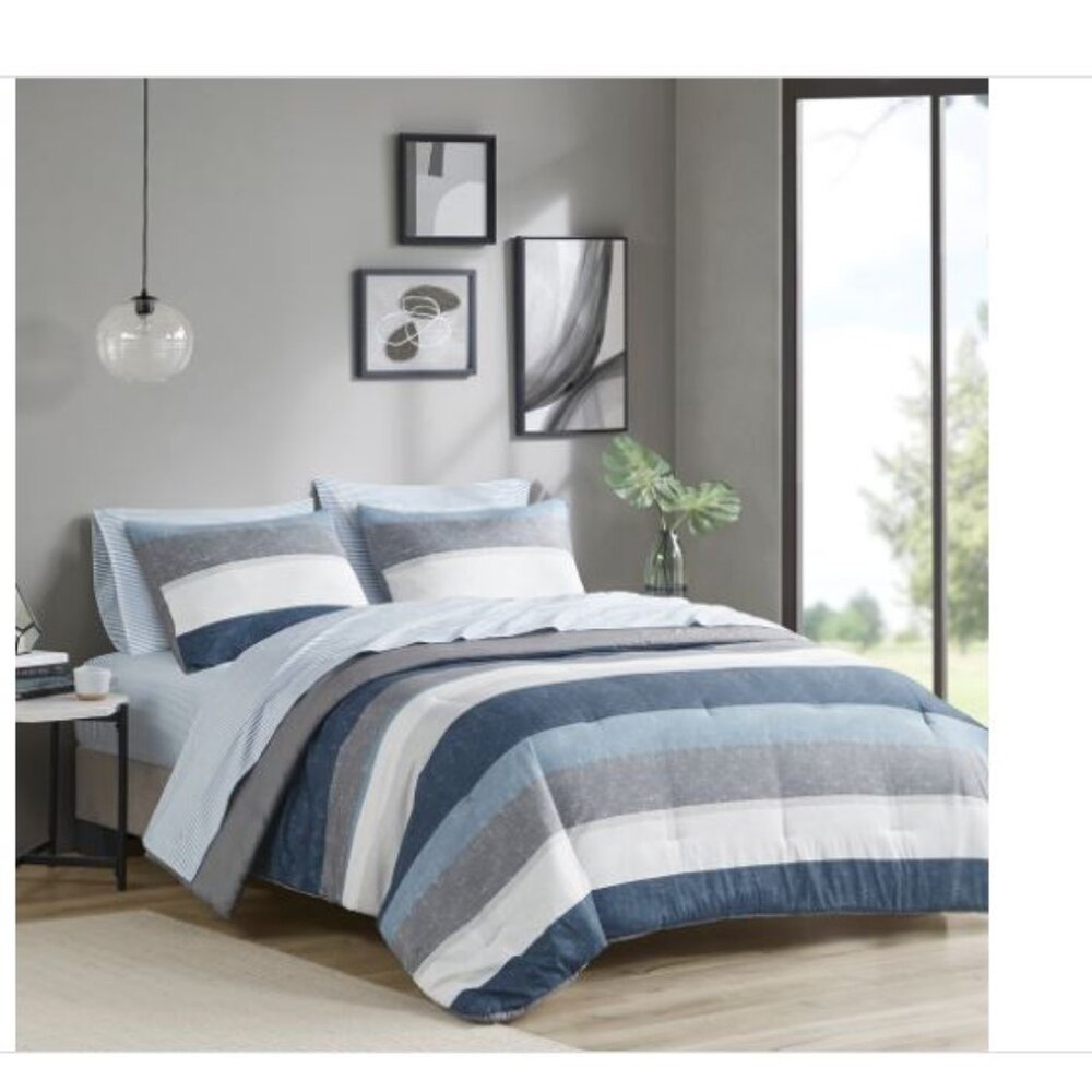 Madison Park Essentials Jaxon Wide Stripe 5-Pc. Comforter Set, Twin - Blue, Gray